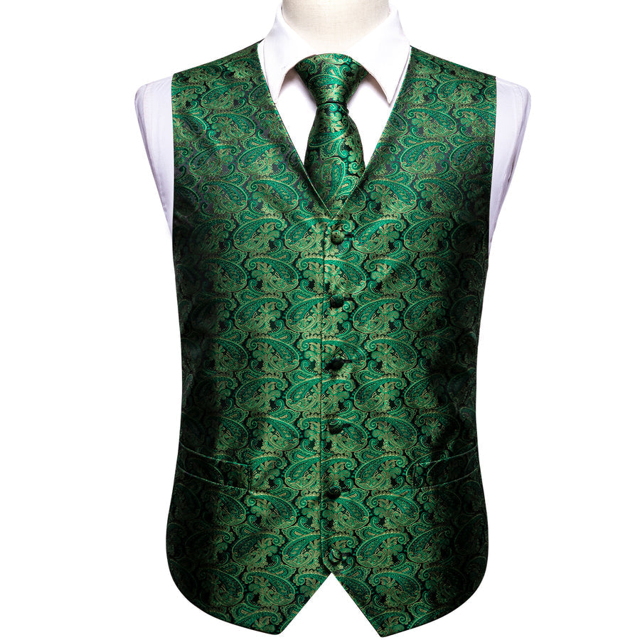 Black and Green Paisley Jacquard Silk Vest Set - 4 Piece vest set - Sophisticated Gentlemen