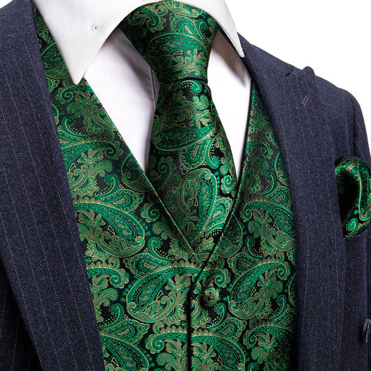 Black and Green Paisley Jacquard Silk Vest Set - 4 Piece vest set S (Chest 40")   - Sophisticated Gentlemen