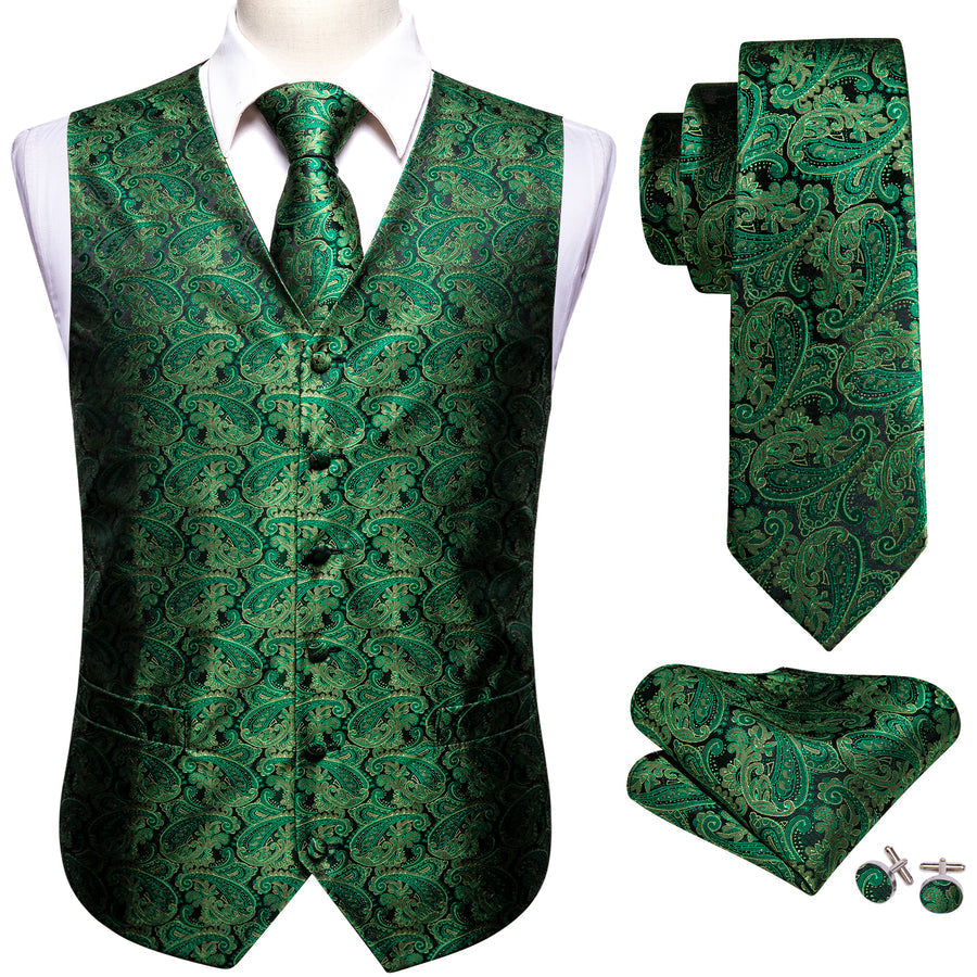 Black and Green Paisley Jacquard Silk Vest Set - 4 Piece vest set - Sophisticated Gentlemen