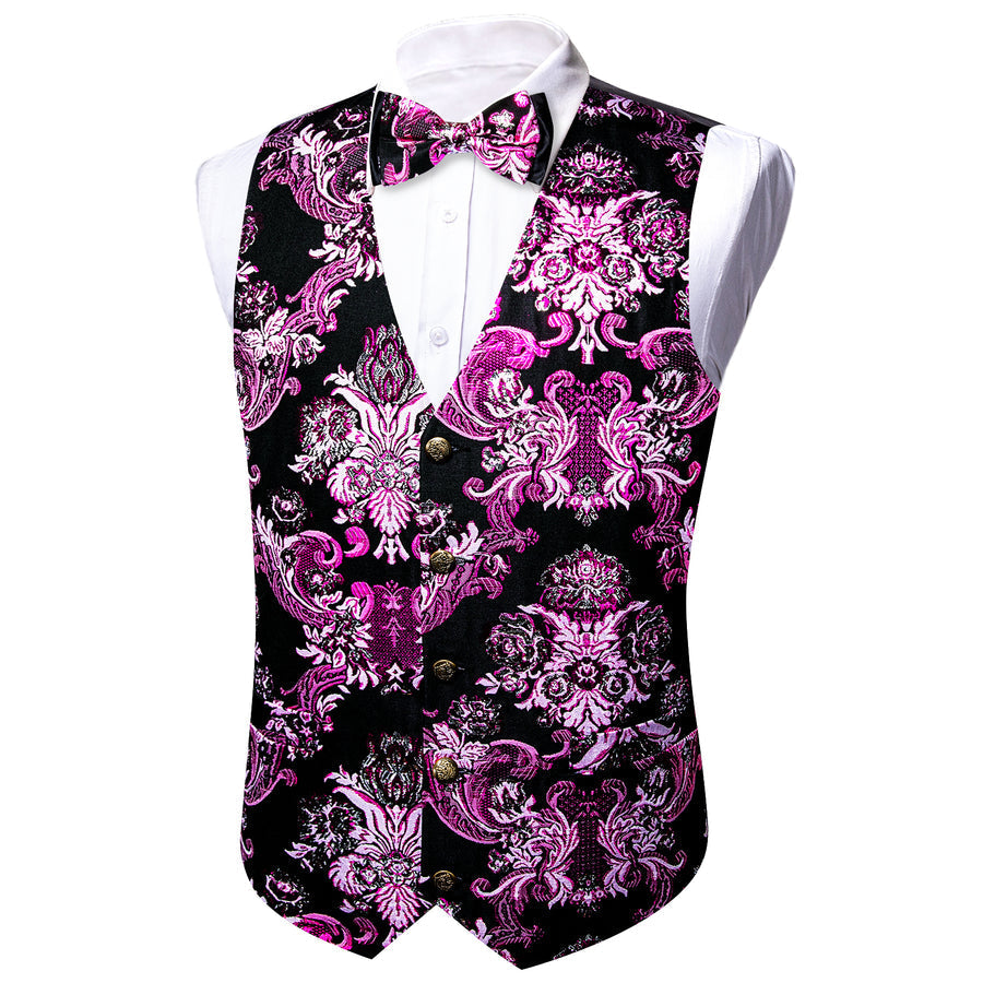 Black Pink Floral Silk Men's Bowtie Vest Set vest set S (Chest 40") - Sophisticated Gentlemen