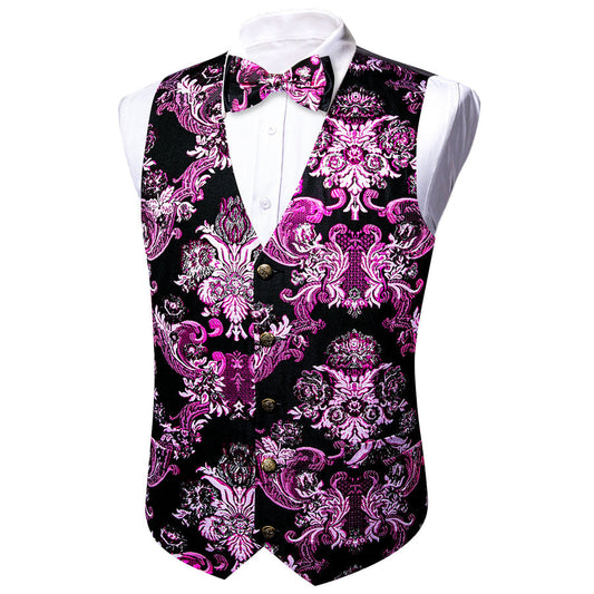 Black Pink Floral Silk Men's Bowtie Vest Set vest set S (Chest 40")   - Sophisticated Gentlemen