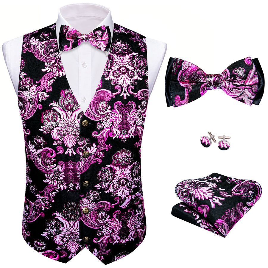 Black Pink Floral Silk Men's Bowtie Vest Set vest set - Sophisticated Gentlemen