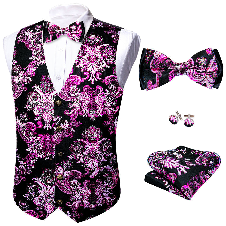 Black Pink Floral Silk Men's Bowtie Vest Set vest set - Sophisticated Gentlemen