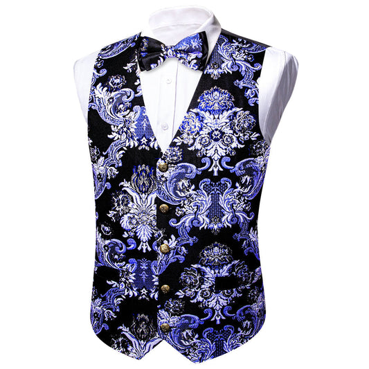 Black Blue Floral Silk Men's Bowtie Vest Set vest set S (Chest 40")   - Sophisticated Gentlemen