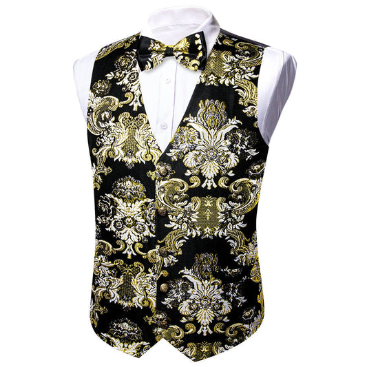 Black Beige Floral Silk Men's Bowtie Vest Set vest set S (Chest 40")   - Sophisticated Gentlemen
