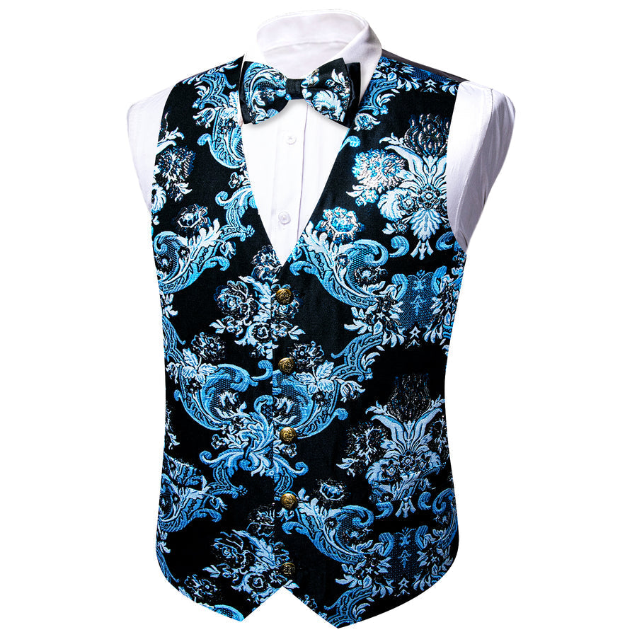 Black Sky Blue Floral Silk Men's Bowtie Vest Set vest set S (Chest 40") - Sophisticated Gentlemen