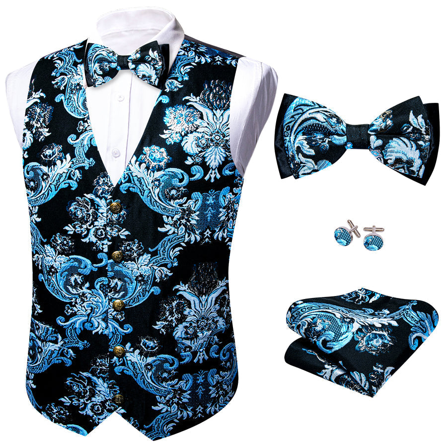 Black Sky Blue Floral Silk Men's Bowtie Vest Set vest set - Sophisticated Gentlemen