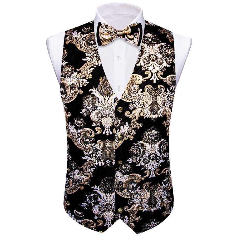Black Khaki Floral Silk Men's Bowtie Vest Set vest set - Sophisticated Gentlemen