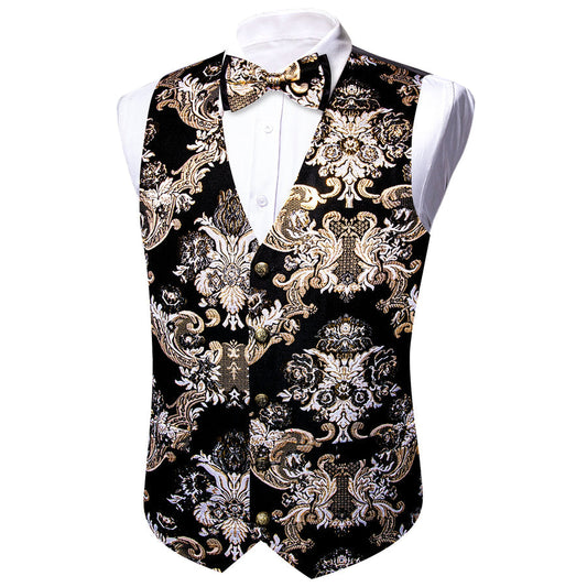 Black Khaki Floral Silk Men's Bowtie Vest Set vest set S (Chest 40")   - Sophisticated Gentlemen