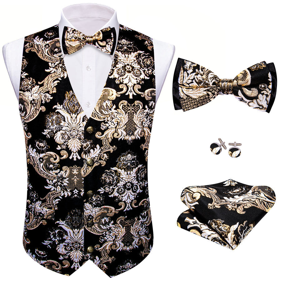 Black Khaki Floral Silk Men's Bowtie Vest Set vest set - Sophisticated Gentlemen