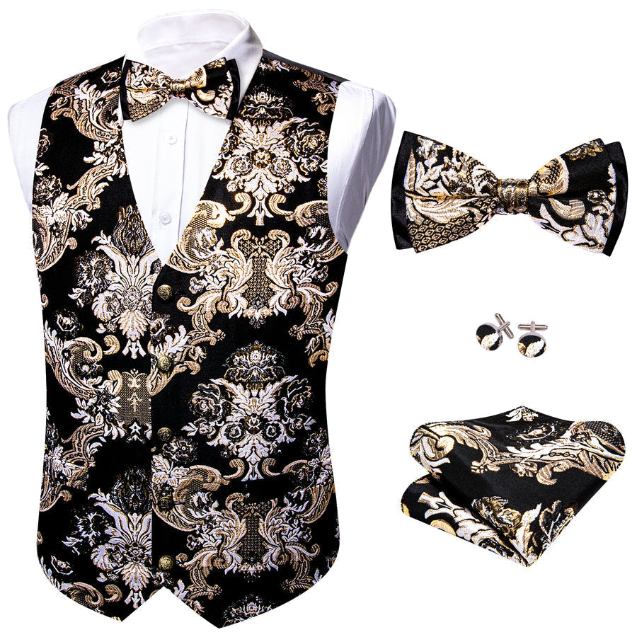 Black Khaki Floral Silk Men's Bowtie Vest Set vest set - Sophisticated Gentlemen