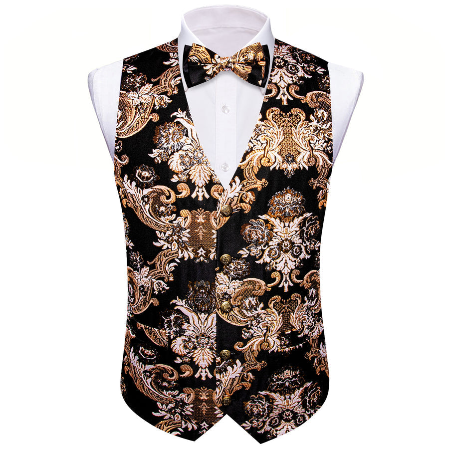 Black Light Brown Floral Silk Men's Bowtie Vest Set vest set - Sophisticated Gentlemen