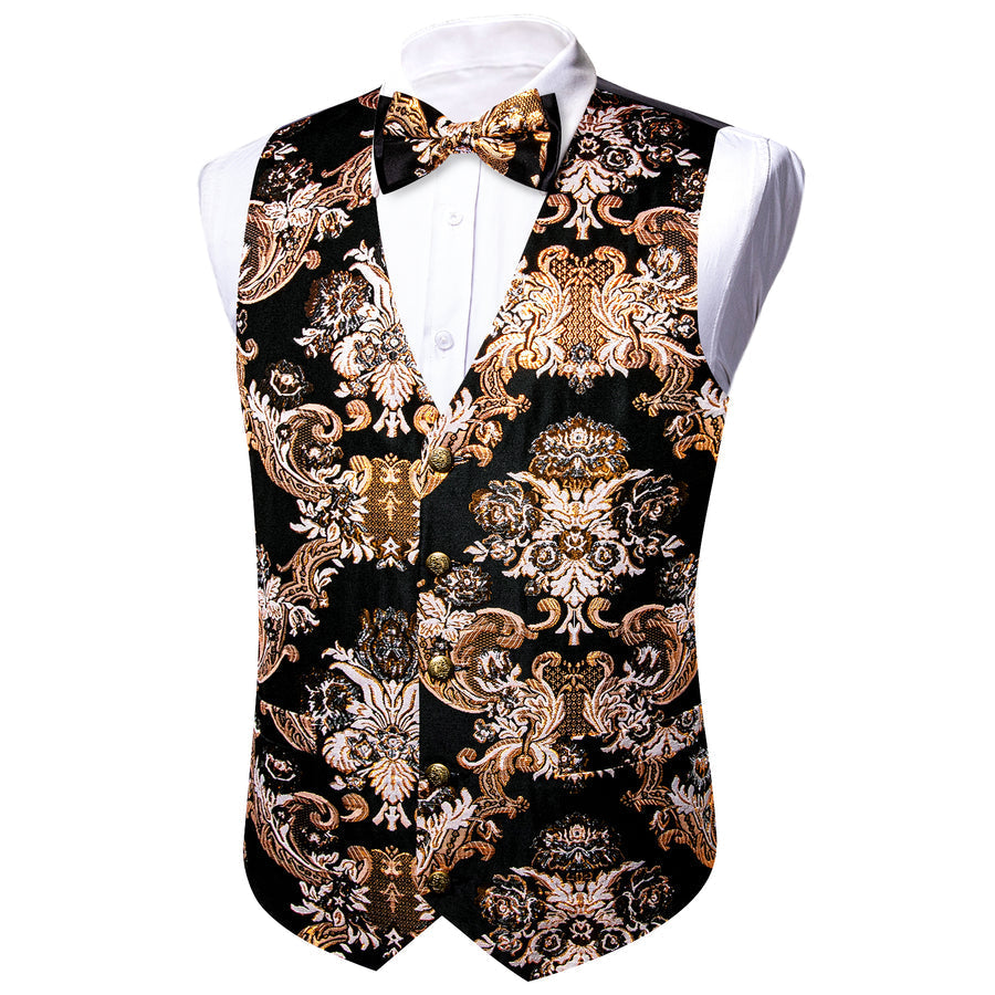 Black Light Brown Floral Silk Men's Bowtie Vest Set vest set S (Chest 40") - Sophisticated Gentlemen