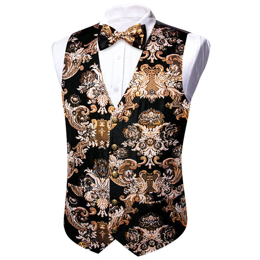 Black Light Brown Floral Silk Men's Bowtie Vest Set vest set S (Chest 40")   - Sophisticated Gentlemen