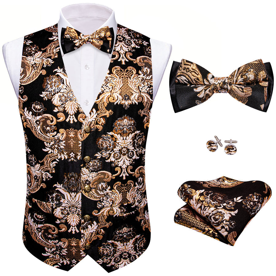 Black Light Brown Floral Silk Men's Bowtie Vest Set vest set - Sophisticated Gentlemen