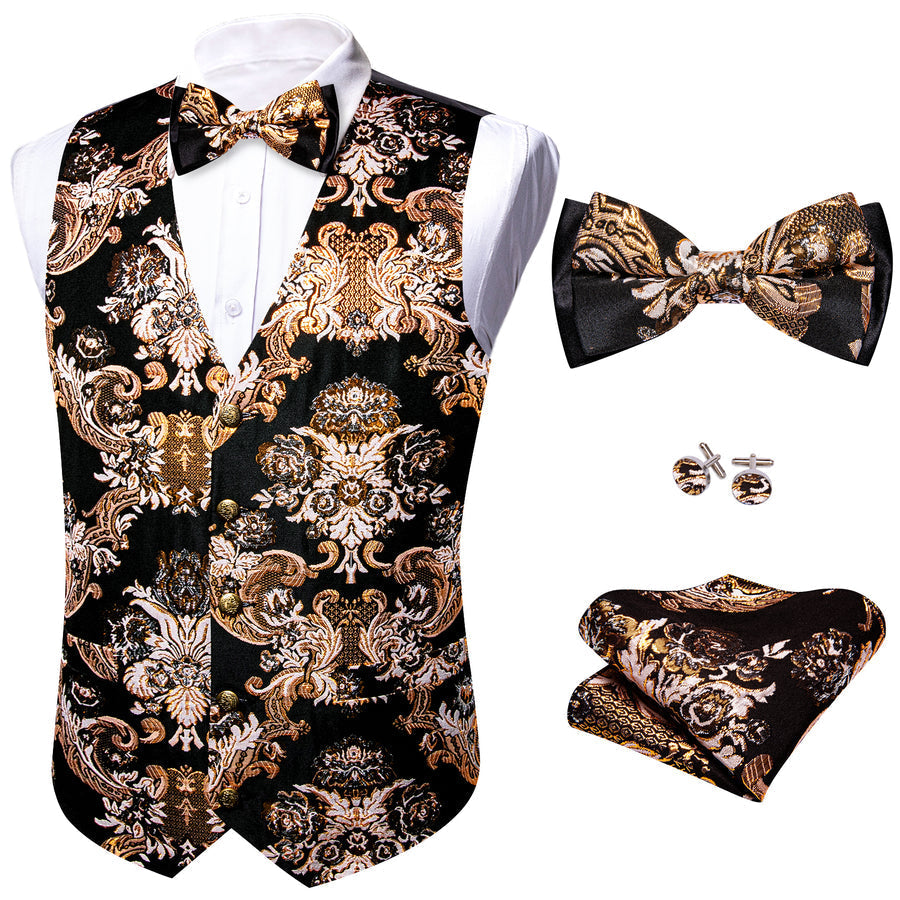 Black Light Brown Floral Silk Men's Bowtie Vest Set vest set - Sophisticated Gentlemen