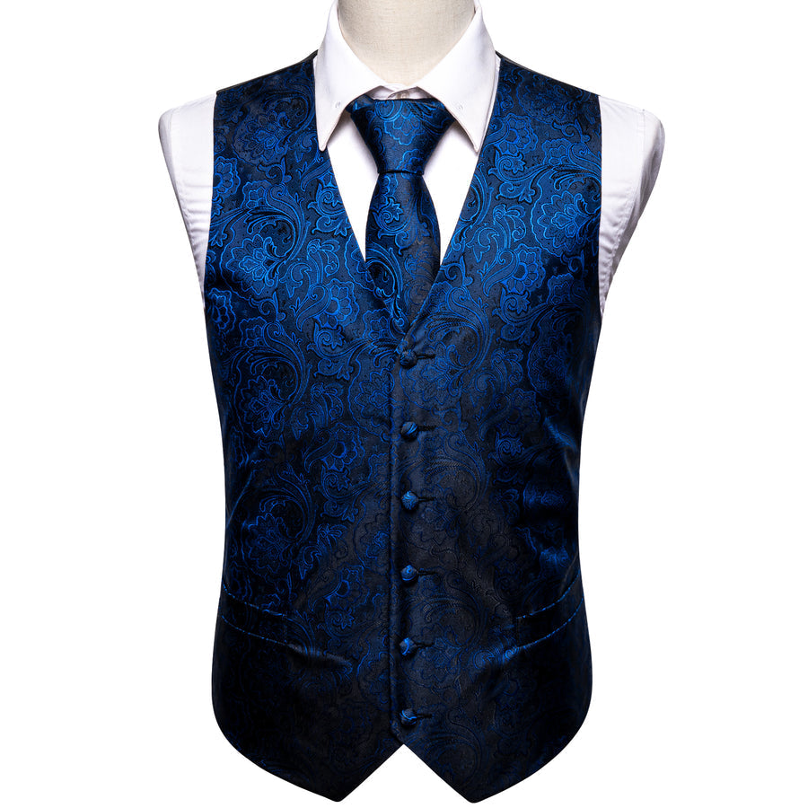 Blue Floral Jacquard Silk Men's Vest Set vest set - Sophisticated Gentlemen