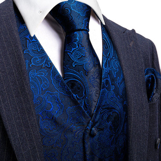 Blue Floral Jacquard Silk Men's Vest Set vest set S (Chest 40")   - Sophisticated Gentlemen
