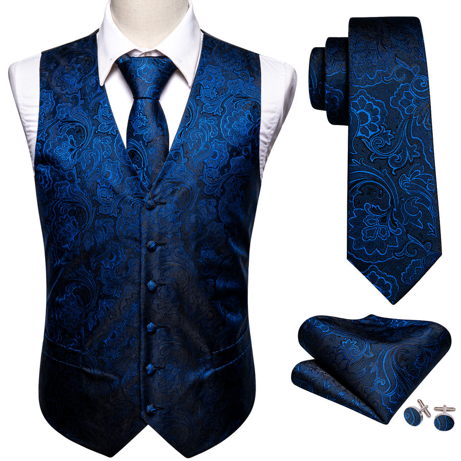 Blue Floral Jacquard Silk Men's Vest Set vest set - Sophisticated Gentlemen