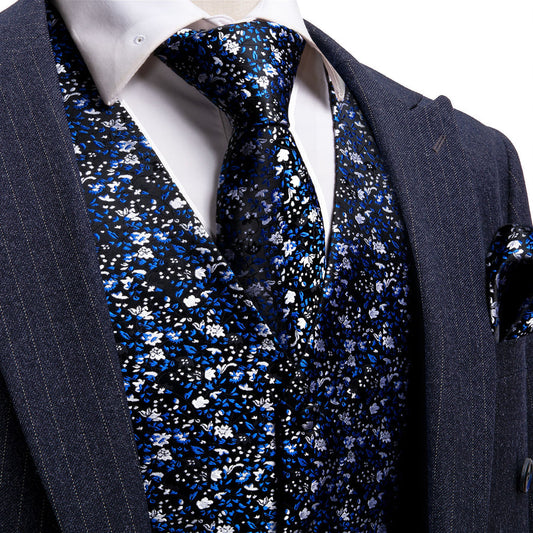 Dark Blue Floral Jacquard Silk Men's Vest Set vest set S (Chest 40")   - Sophisticated Gentlemen