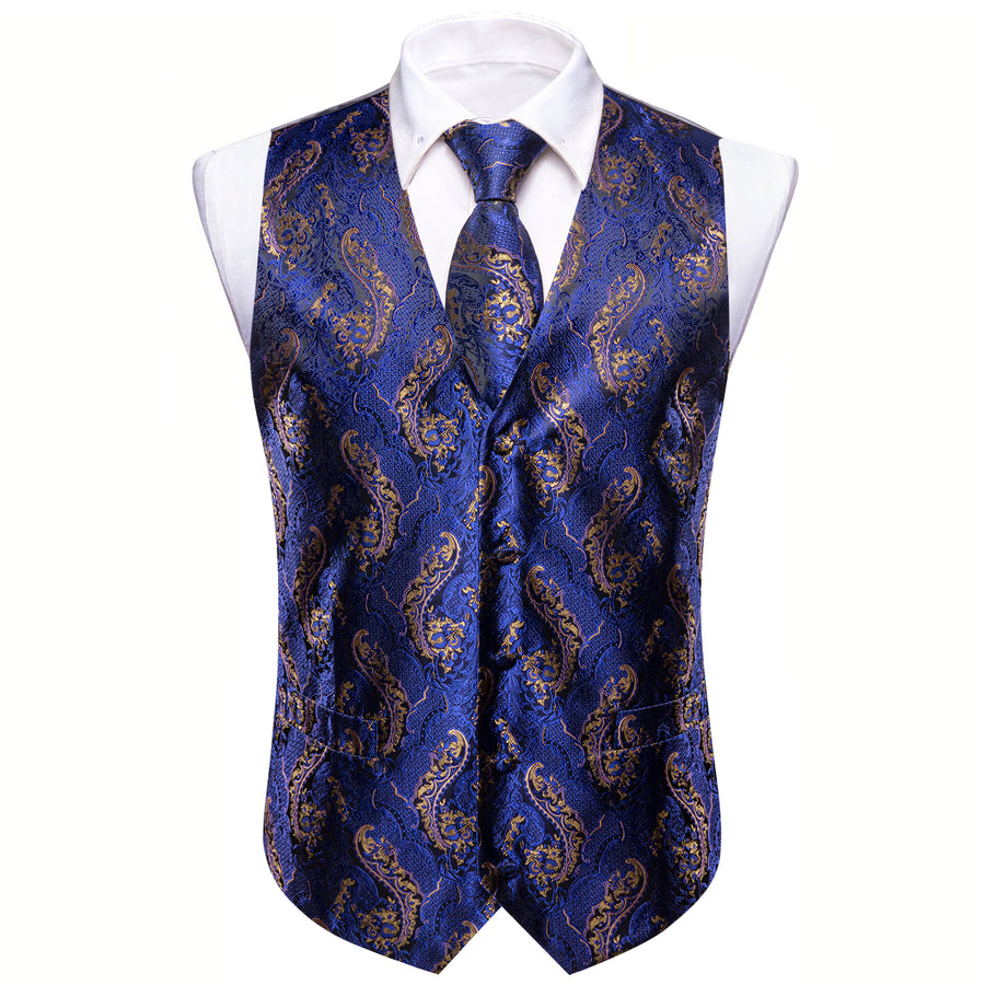 Royal Blue Brown Paisley Jacquard Silk Men's Vest Set vest set - Sophisticated Gentlemen