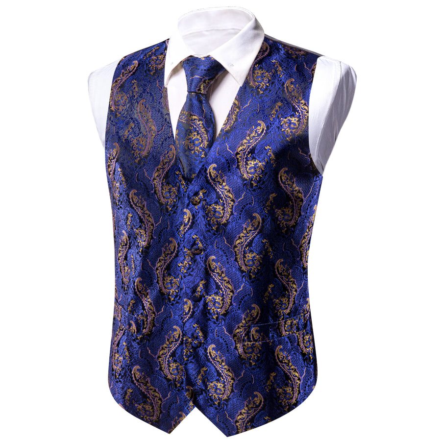 Royal Blue Brown Paisley Jacquard Silk Men's Vest Set vest set - Sophisticated Gentlemen