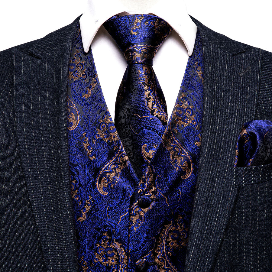 Royal Blue Brown Paisley Jacquard Silk Men's Vest Set vest set - Sophisticated Gentlemen