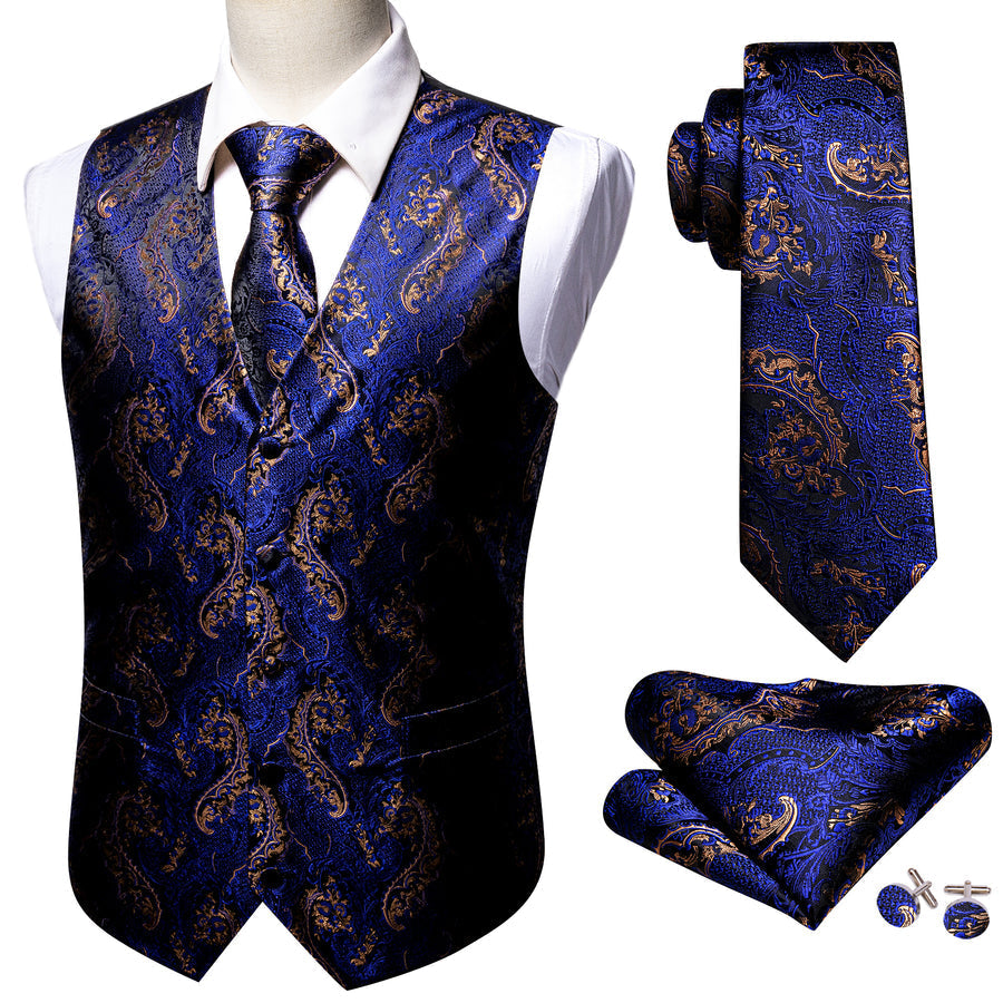 Royal Blue Brown Paisley Jacquard Silk Men's Vest Set vest set - Sophisticated Gentlemen