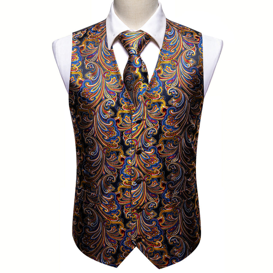 Luxury Golden Blue Paisley Jacquard Silk Vest Set vest set - Sophisticated Gentlemen