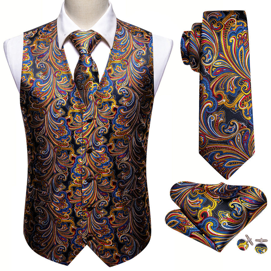 Luxury Golden Blue Paisley Jacquard Silk Vest Set vest set - Sophisticated Gentlemen