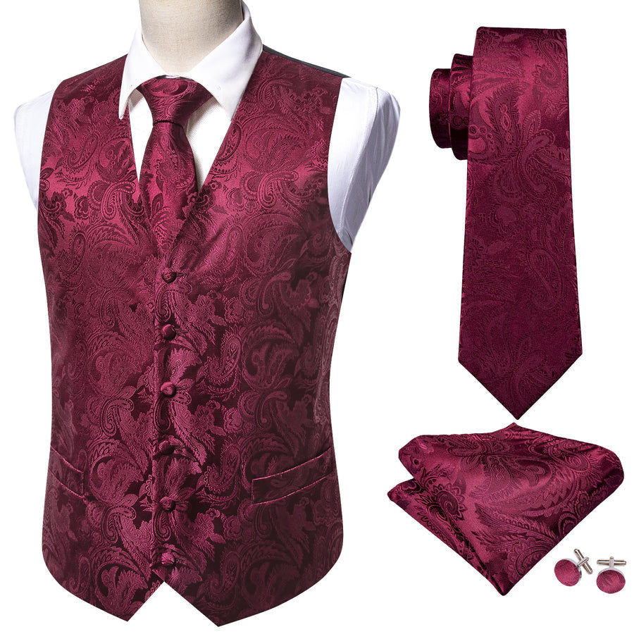 Burgundy Red Paisley Jacquard Silk Vest Set vest set - Sophisticated Gentlemen