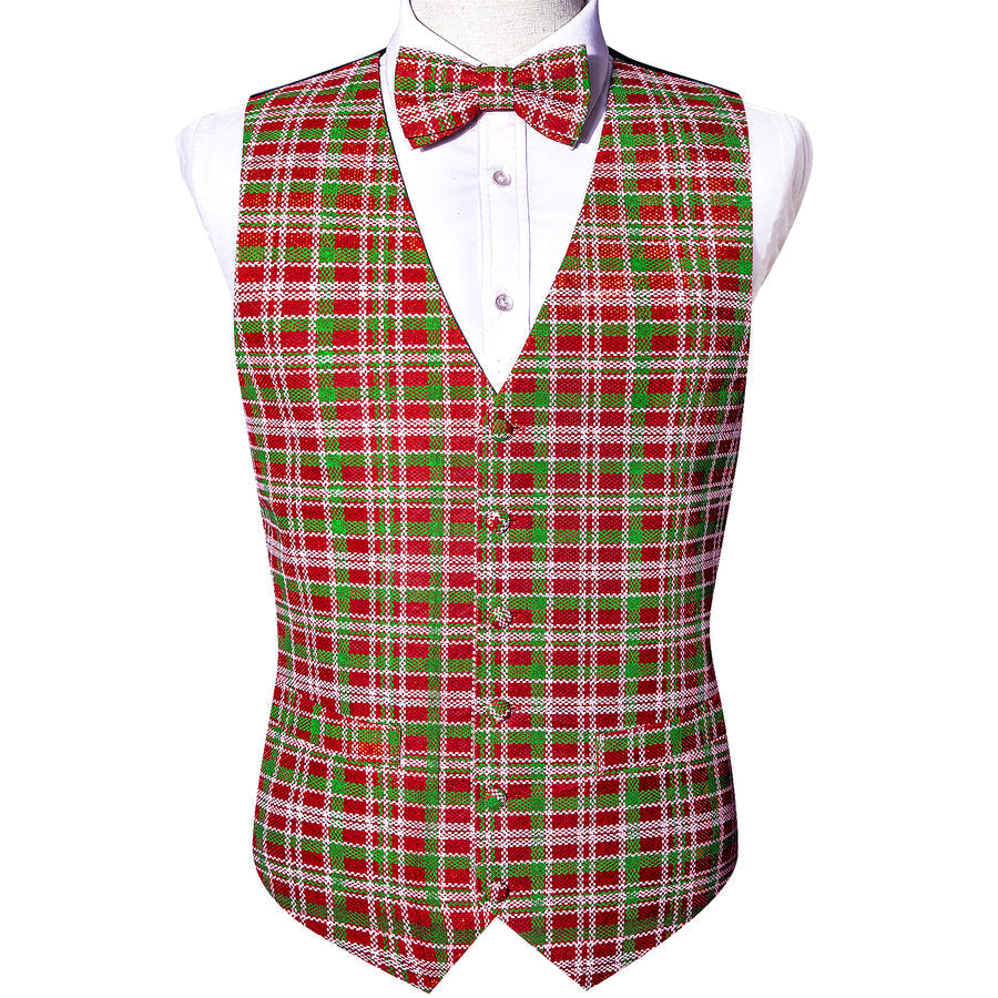 Christmas Red Green Plaid Jacquard Silk Vest Set vest set - Sophisticated Gentlemen