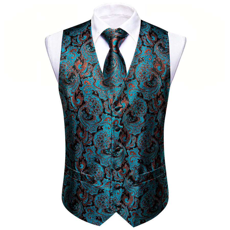 Lake Blue Brown Paisley Jacquard Silk Men's Vest Set vest set - Sophisticated Gentlemen