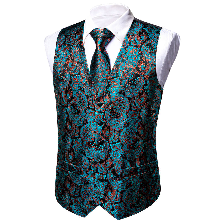Lake Blue Brown Paisley Jacquard Silk Men's Vest Set vest set - Sophisticated Gentlemen