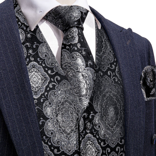 Black Gray Novelty Jacquard Silk Men's Vest Set vest set S (Chest 40")   - Sophisticated Gentlemen