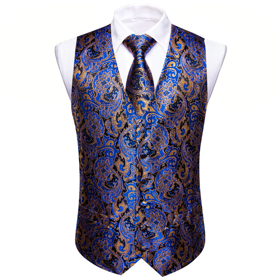 Blue Brown Paisley Jacquard Silk Men's Vest Set vest set - Sophisticated Gentlemen
