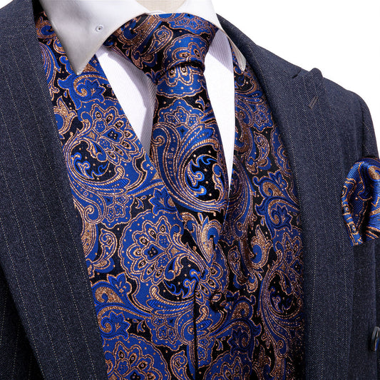 Blue Brown Paisley Jacquard Silk Men's Vest Set vest set S (Chest 40")   - Sophisticated Gentlemen