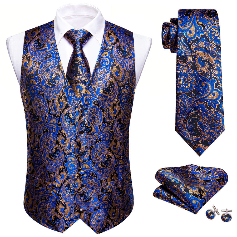 Blue Brown Paisley Jacquard Silk Men's Vest Set vest set - Sophisticated Gentlemen