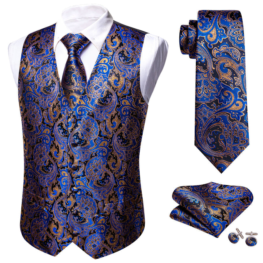 Blue Brown Paisley Jacquard Silk Men's Vest Set vest set - Sophisticated Gentlemen