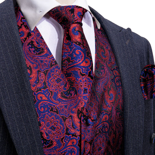 Blue Red Paisley Jacquard Silk Men's Vest Set vest set S (Chest 40")   - Sophisticated Gentlemen