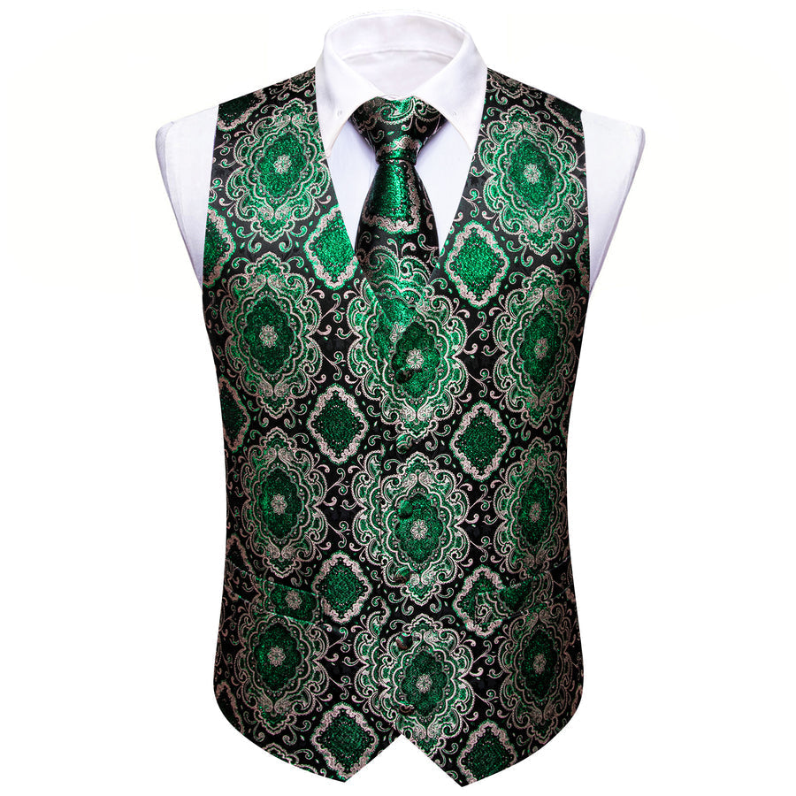 Black Green Novelty Jacquard Silk Men's Vest Set vest set - Sophisticated Gentlemen