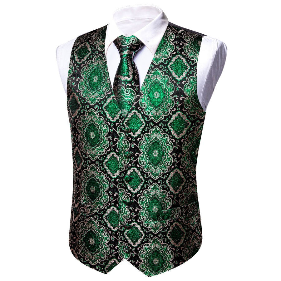 Black Green Novelty Jacquard Silk Men's Vest Set vest set - Sophisticated Gentlemen