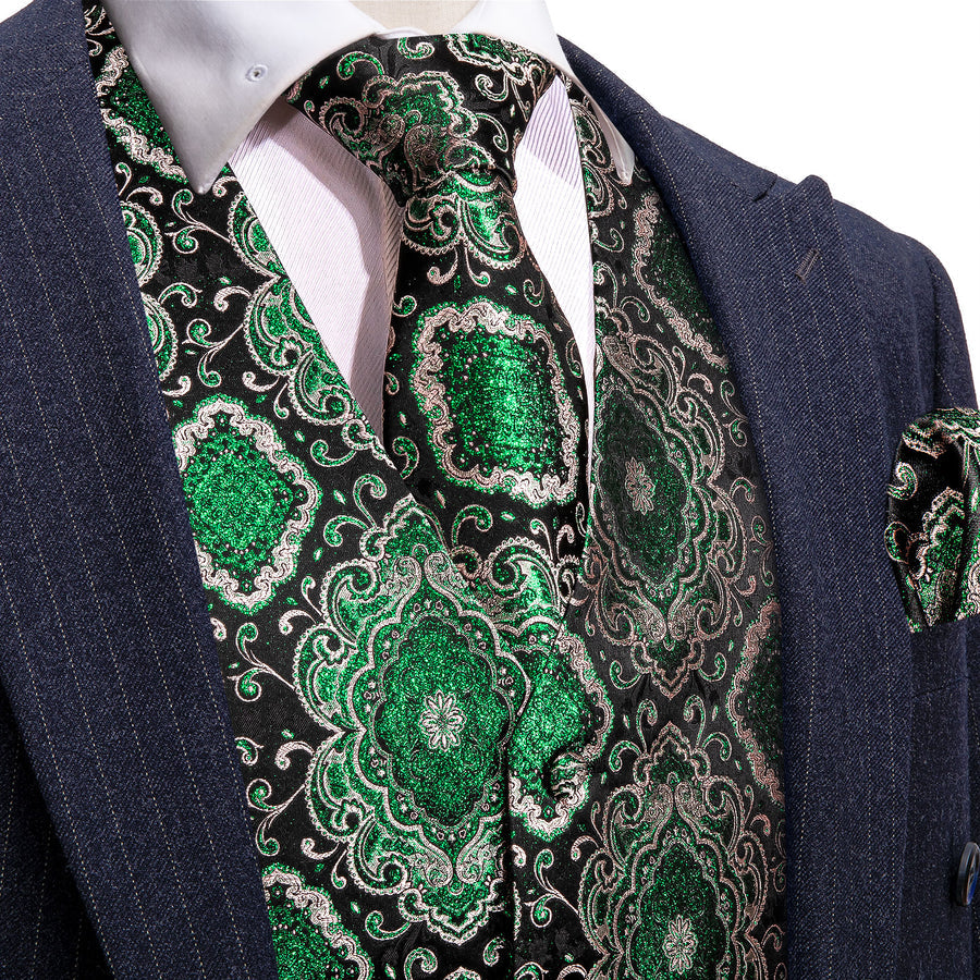 Black Green Novelty Jacquard Silk Men's Vest Set vest set S (Chest 40") - Sophisticated Gentlemen
