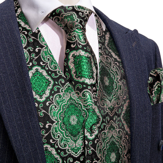 Black Green Novelty Jacquard Silk Men's Vest Set vest set S (Chest 40")   - Sophisticated Gentlemen