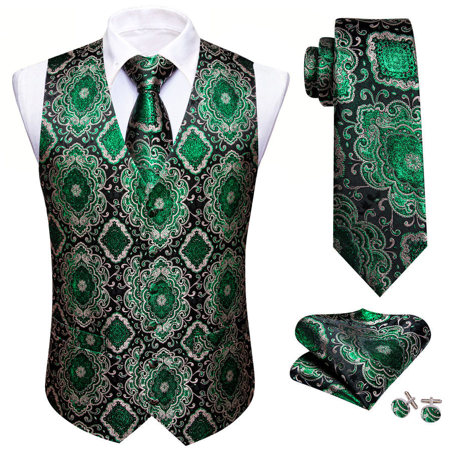 Black Green Novelty Jacquard Silk Men's Vest Set vest set - Sophisticated Gentlemen