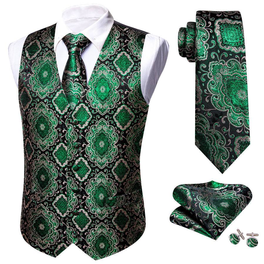 Black Green Novelty Jacquard Silk Men's Vest Set vest set - Sophisticated Gentlemen
