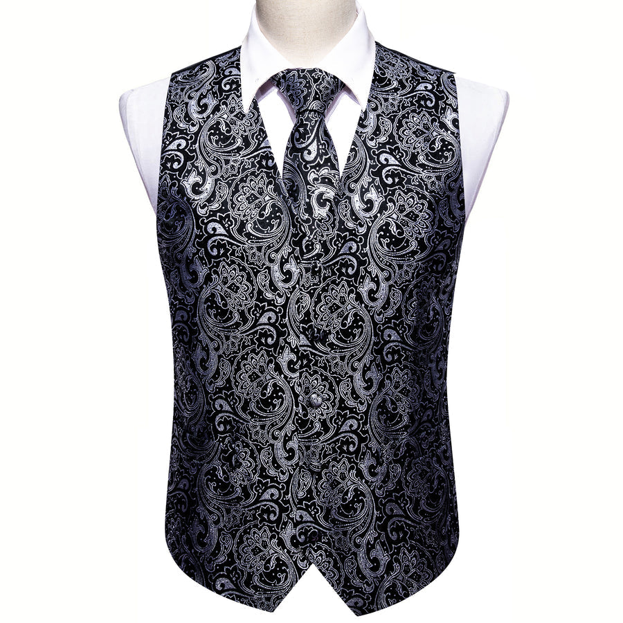 New Black Grey Paisley Jacquard Silk Vest Set vest set - Sophisticated Gentlemen
