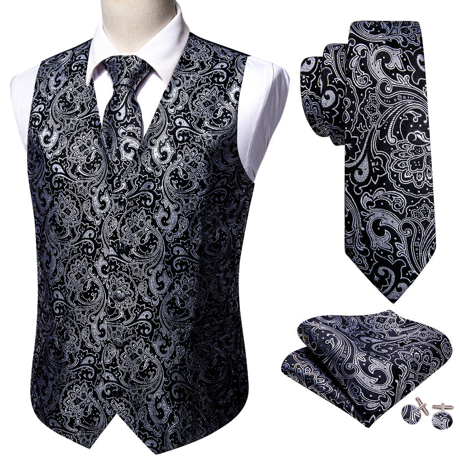 New Black Grey Paisley Jacquard Silk Vest Set vest set - Sophisticated Gentlemen
