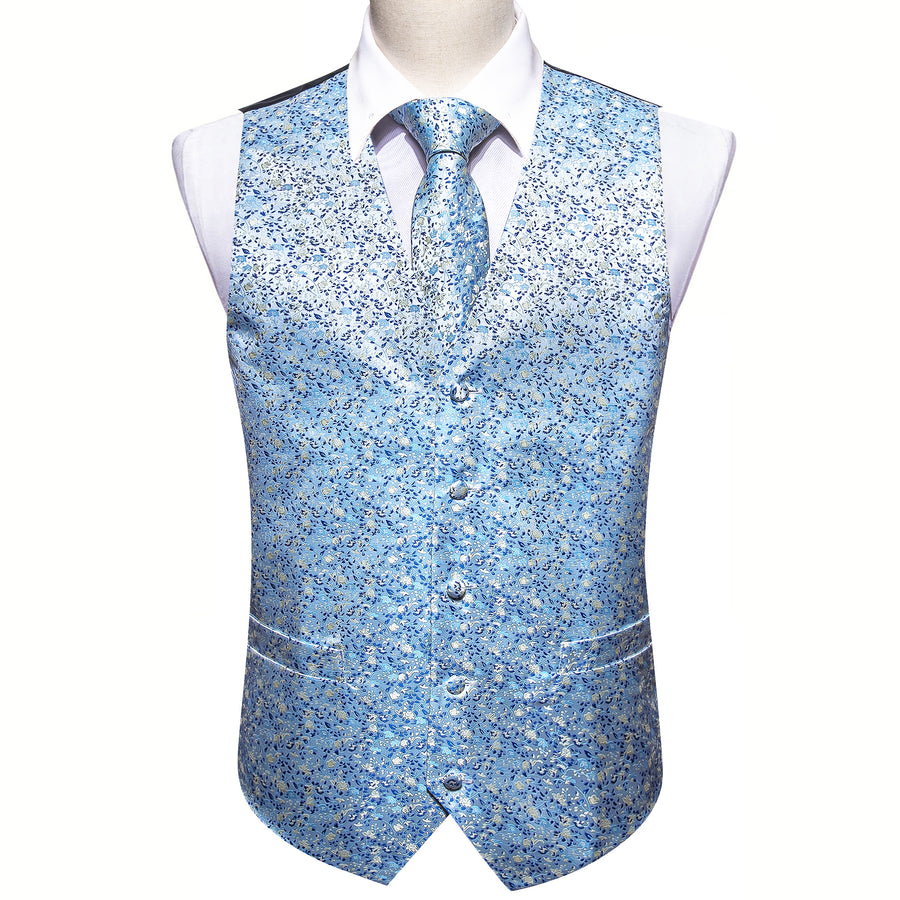Baby Blue Floral Jacquard Silk Vest Set vest set - Sophisticated Gentlemen