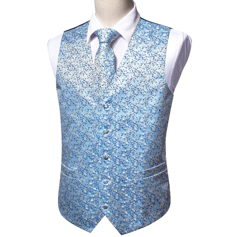 Baby Blue Floral Jacquard Silk Vest Set vest set - Sophisticated Gentlemen
